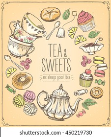 Tea Ceremony Vector Illustration With Teapot, Cups, Sweets, Bakery.  Freehand Drawing, Sketch