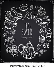 Tea ceremony vector illustration. Tea time, tea leaves, teapot, sweets, bakery, tea tools. Tradition of tea time. Tea time vector symbols. Freehand drawing with imitation of chalk sketch