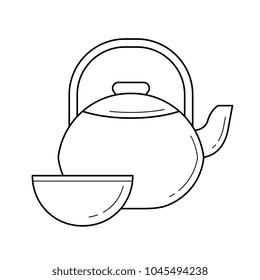Tea ceremony vector line icon isolated on white background. Kitchen kettle and cup for tea line icon for infographic, website or app.