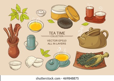 Tea ceremony vector set on color background