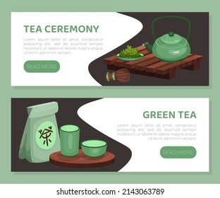 Tea ceremony web banners set. Green tea, traditional Japanese and Chinese tea ceremony utensils and accessories landing page