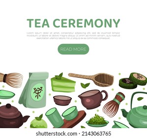 Tea ceremony webpage. Traditional Japanese and Chinese tea ceremony drink menu landing page vector illustration