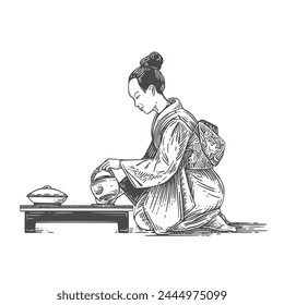 Tea ceremony. A woman in a kimono pours tea. Engraving style. Vector illustration.	