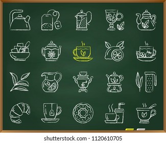 Tea chalk icons set. Outline sign kit of cup. Tea time linear icon collection includes teaspoon, sugar bowl, samovar. Hand drawn by pastel crayon simple tea symbol on chalkboard vector Illustration