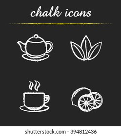 Tea chalk icons set. Teapot, tea leaves, steaming cup and lemon slices illustrations. Isolated vector chalkboard drawings