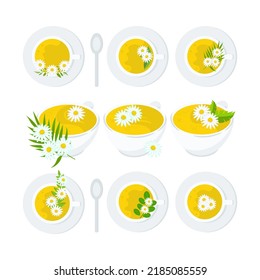 Tea, chamomile tincture in a cup. Vector set in a flat style on a white background. Design element