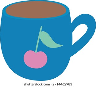  С de té con cereza. Taza azul dibujada a mano. Ilustración vectorial aislada sobre un fondo transparente.