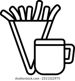 Diseño de iconos de línea vectorial de té y chile, símbolo de panadería y orfebrería, signo de Cuisine Maestro, ilustración de stock de conocedor de comida, concepto Fries franceses con café Mug