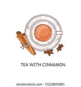 Tea with cinnamon - hot winter drink in glass cup seen from top view, teacup and plate arrangement with spice sticks and flowers, isolated hand drawn vector illustration
