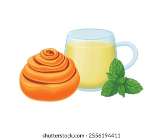 Tea with cinnamon and mint. A sweet bun and a cup of tea with mint leaves in a cartoon style. Sweet dessert for breakfast. Vector illustration on a white background