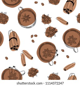 Tea, cinnamon and star anise seamless background.