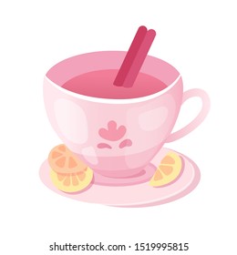 Tea with cinnamon sticks flat vector illustration. Sweet hot drink in pink cup isolated clipart on white background. Coffee in elegant porcelain mug with lemon slices in saucer design element