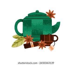 Tea with cinnamon sticks and star anise. Green kettle, pottery cup with teabag. Teapot with water for preparing herbal drink in mug. Teacup of hot beverage. Flat isolated vector illustration on white