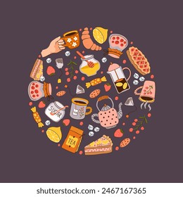 Tea circle round shape with tea cups lemon sugar cake jams vector concept illustration