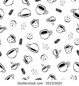 Tea, coffe and sweets doodle seamless patern. Vector illustration.