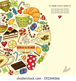 Tea, coffe and sweets doodle template patern invitation. Greeting card. Tea Branding Design. Breakfast menu design. Banner with cups, teapot, chocolate, lemon, cake, croissant and sweets.
