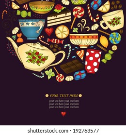 Tea, coffe and sweets doodle template patern invitation. Greeting card. Tea Branding Design. Breakfast menu design. Banner with cups, teapot, chocolate, lemon, cake, croissant and sweets.