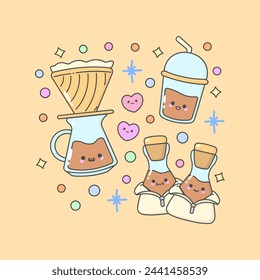 tea coffee aero press chemex cup with cute facial expressions and pastel colour