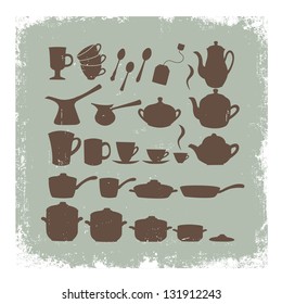 Tea, coffee ans pot sets on a grunge background