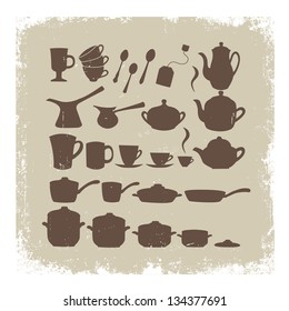 Tea, coffee ans pot sets on a grunge background