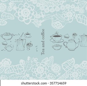 Tea and coffee background with lace frame. Vector illustration. EPS 10