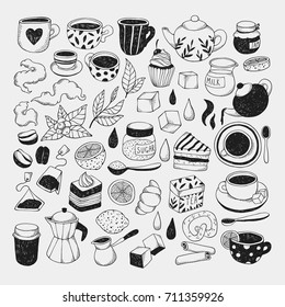 Tea, coffee and bakery. Big doodle set. Vector illustrations for cafe and menu.