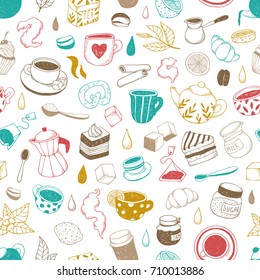 Tea, coffee and bakery. Seamless pattern. Vector illustrations for cafe and menu.