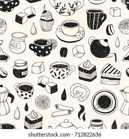Tea, coffee and bakery. Seamless pattern. Vector illustrations for cafe and menu.
