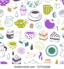 Tea, coffee and bakery. Seamless pattern. Vector illustrations for cafe and menu.