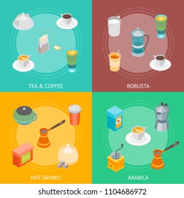 Tea and Coffee Banner Card Set 3d Isometric View Include of Pot, Cup, Turk and Kettle. Vector illustration of Cards Hot Beverages