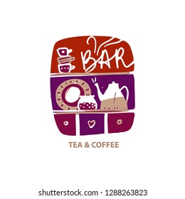 Tea and coffee bar. Concept design with silhouette cup, kettle, coffee, tea pot, mug. Template logo, banner, poster for cafe, shop, bistro, boutique, restaurant.