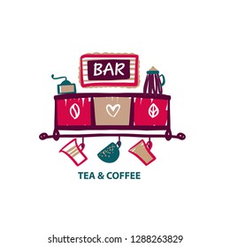 Tea and coffee bar. Concept design with silhouette cup, kettle, coffee, tea pot, mug. Template logo, banner, poster for cafe, shop, bistro, boutique, restaurant.