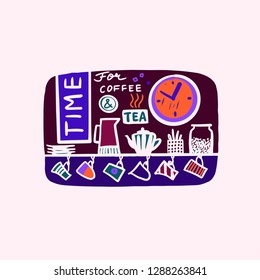 Tea and coffee bar. Concept design with silhouette cup, kettle, coffee, tea pot, mug. Template logo, banner, poster for cafe, shop, bistro, boutique, restaurant. Time for beverage.