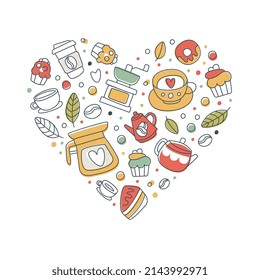 Tea and Coffee Bar Object Arranged in Heart Shape Vector Template