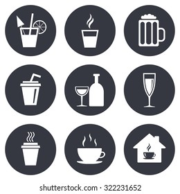 Tea, coffee and beer icons. Beer, wine and cocktail signs. Take away drinks. Gray flat circle buttons. Vector