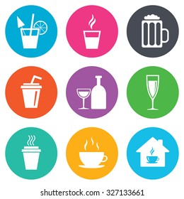 Tea, coffee and beer icons. Beer, wine and cocktail signs. Take away drinks. Flat circle buttons. Vector