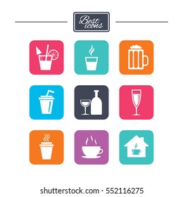 Tea, coffee and beer icons. Beer, wine and cocktail signs. Take away drinks. Colorful flat square buttons with icons. Vector