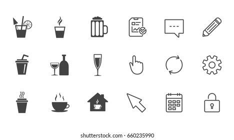 Tea, coffee and beer icons. Beer, wine and cocktail signs. Take away drinks. Chat, Report and Calendar line signs. Service, Pencil and Locker icons. Click, Rotation and Cursor. Vector