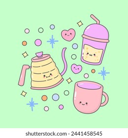 tea coffee beverages kettle mug bottle with cute facial expressions and pastel colour