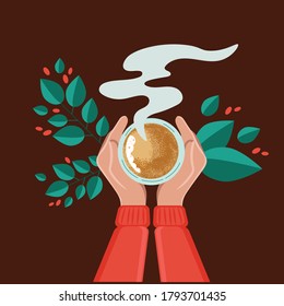 Tea coffee break, mug, hand top view. Female. Vector illustration of drinking coffee on a brown background. Green leaves and red coffee fruits. Friendly support in difficult times. coffee house