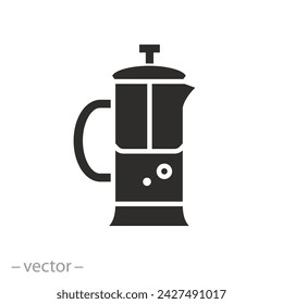 tea or coffee brewing icon, french press, hot drink making, glass teapot, flat symbol on white background - vector illustration