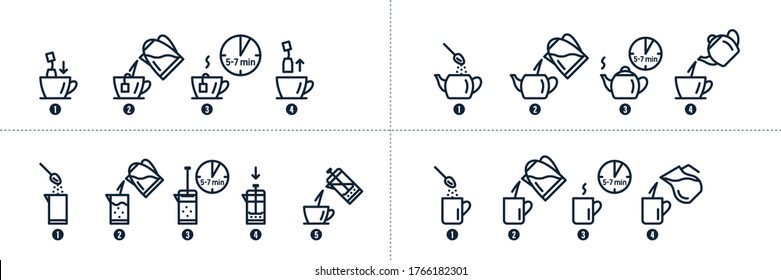 Tea and coffee brewing instruction. Tea, coffee making, brew process icons. Hot drink brew instruction. Cup, mug, kettle, teapot icons. How to make hot drink with milk. Vector illustration
