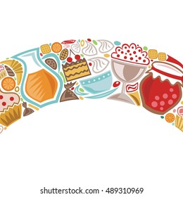Tea coffee cakes sweets ice cream juice jam. Vector illustration.