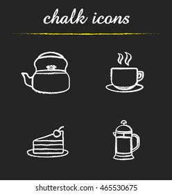 Tea and coffee chalk icons set. Classic kettle, steaming cup on plate, chocolate cake piece with cherry, french press illustrations. Isolated vector chalkboard drawings