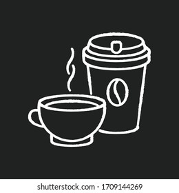 Tea and coffee chalk white icon on black background. Coffee in disposable cup for takeaway. Aromatic black tea in mug. Espresso to drink in cafe. Isolated vector chalkboard illustration