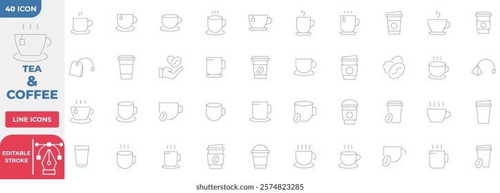 Tea And Coffee Collection Icon Set. Editable Stroke. Vector illustration.