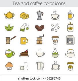 Tea and coffee color icons set. Moka pot, espresso machine, steaming teacup, electric kettle, coffee to go, muffin, turkish cezve, loose tea leaves, chocolate cake. Vector isolated illustrations