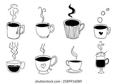 Tea or coffee cup with beverage and hot vapor steam hand drawn doodle line. Simple icon set mug sketch. Hot drinks Coffee, tea, cappuccino espresso, latte. Vector illustration