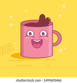 Tea or coffee cup with cartoon face Vector. Cartoon. Isolated art on white background. Flat