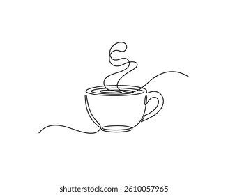 Tea or coffee cup continuous one line drawing, single line art, linear style, editable stroke, isolated on a transparent background